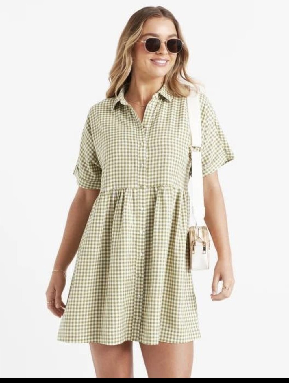 Sportsgirl Gracie Gingham Picnic Olive White Button Up Tshirt Dress Size 4